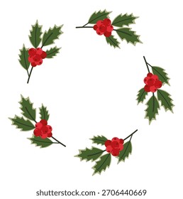 Moldura circular feita de folhas de azevinho e bagas vermelhas isoladas sobre fundo branco. Ilustração de vetor plano. Conceito de férias de Natal e inverno. 