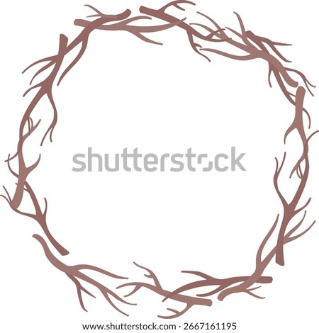 A circular frame made of intertwined branches in a rustic style. Twigs form a natural wreath creating an organic border. Cartoon vector illustration.