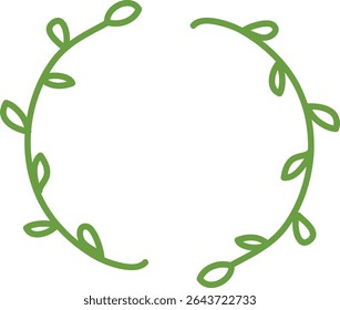 Een cirkelvormig frame gemaakt van lommerrijke wijnstokken in een schone lijnstijl. De afbeelding toont een ronde rand met bladeren die uit gebogen stengels ontspruiten. Illustratie van cartoon-vector.