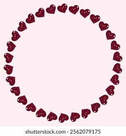 Circular frame made of red glittery hearts arranged in symmetry. Glitter texture on the hearts adds a festive and celebration. For greeting cards, posters, or digital invitations with a romantic tone.