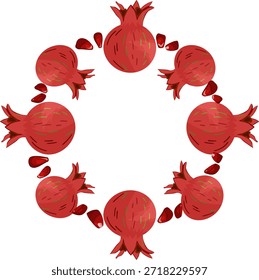 Marco circular hecho de granadas maduras y semillas dispersas, fondo blanco. Perfecto para el envasado de alimentos, etiquetas de productos orgánicos, tarjeta de felicitación.