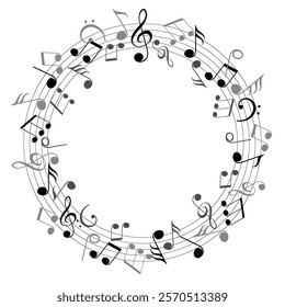 Circular frame with musical notes, dynamic music abstract design background