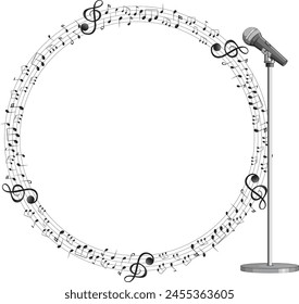 Circular frame of musical notes with microphone.