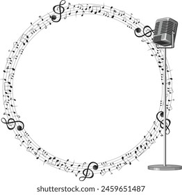 Circular frame of musical notes with a microphone