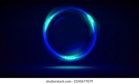 Circular frame on dark background. Cyan blue glowing circle. Shining light ring. Illuminated stage, dark blue backdrop. Background for displaying products, text, copy paste. Vector illustration