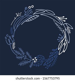 Circular frame on deep blue background, Christmas and New Year concept. Template for greeting card, flyer, invitation