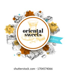 Circular frame for oriental sweets label, rounded by traditional cookies and confection, retro hand drawn vector illustration. Template element for packaging design, vintage engraving sketch.