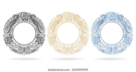 Circular frame ornament wreath ornate round three set colors isolated white backgrounds for mirrors or photo, paper craft printable designs, wedding invitation emblem cover, stationery design material