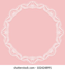 Circular frame with paper lace. Lacy white and pink background. Vector illustration.