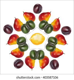 circular frame  of  pears green and purple plums and lemon in the center