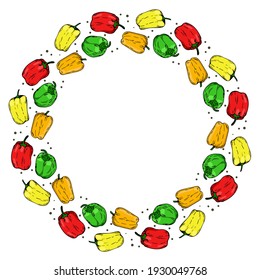 Circular frame with peppers of different colors. Pepper in a circle red orange green yellow. Frame with bright vegetables.Vector.