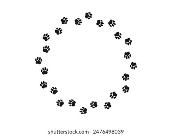 Circular frame with pet's paw print. Black silhouette pathway of dog or cat footprints arranged in a circle. Frame with pet footprints for design of shop windows, websites, etc. Vector illustration.