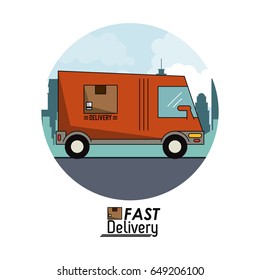 circular frame poster city landscape with fast delivery truck of packages