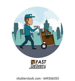 circular frame poster city landscape fast delivery man with hand truck packages