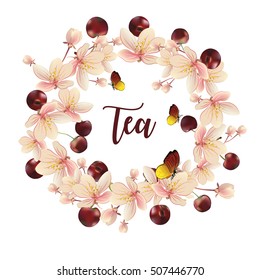 Circular frame of realistic cherries with flowers