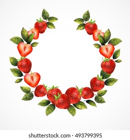 Circular frame of realistic strawberries with leaves.