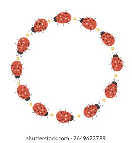 Moldura circular de joaninhas vermelhas e pequenas flores amarelas sobre um fundo branco. Borda de inseto de mola para cartão ou banner.