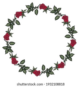 Circular frame with red roses. Freehand drawing, concept. Vector circle. For postcards, design and decoration. Red garden flowers with leaves in a circle.