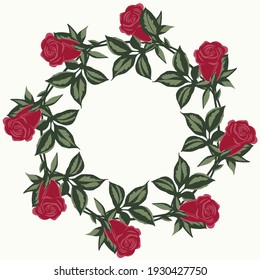 Circular frame with red roses. Red garden flowers, round rim.Vector.