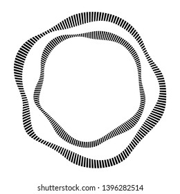 Circular frame. Round shape. Radial black concentric particles. Gray ring of short thin rays with wavy silhouette isolated white background. Sound wave. Sun ray. Vector illustration.