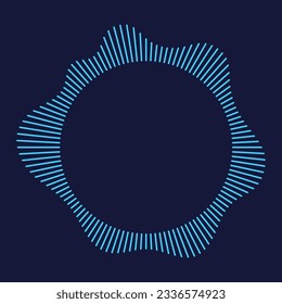 Circular frame. Round shape. Radial blue concentric particles. Isolated ring of short thin rays with wavy silhouette. Sound wave. Infographic element. Vector color illustration.