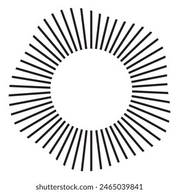 Circular frame. Round shape. Radial black concentric particles. Ring of short thin rays with wavy silhouette isolated white background. Sound wave. Infographic element. Vector illustration.