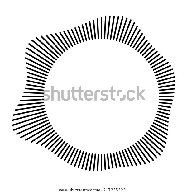 Circular frame. Round shape. Radial black\
concentric particles. Ring of short thin rays with wavy silhouette\
isolated white background. Sound wave. Infographic element. Vector\
illustration.