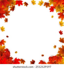 Circular frame of scattered autumn maple leaves in vibrant red, orange, and yellow tones. Vector illustration.