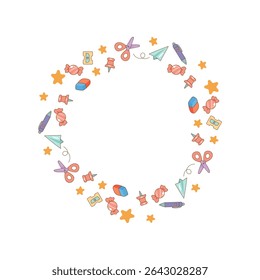 Circular frame with school supplies and candy icons