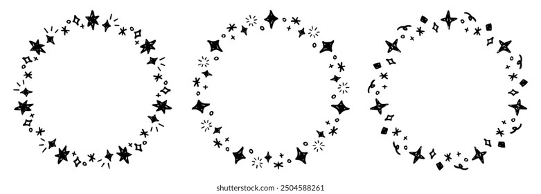 Conjunto de marco circular con efecto de brillo dibujado a mano, marco de decoración ligera