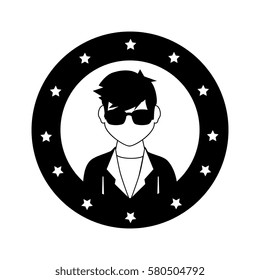 circular frame with silhouette rock star man