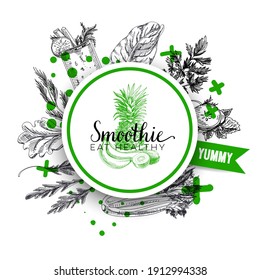 Circular frame for smoothie label, rounded by vegetable ingredients, retro hand drawn vector illustration. Template element for packaging design, vintage sketch isolated on white background.