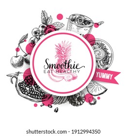 Circular frame for smoothie label, rounded by fruits and berries ingredients, retro hand drawn vector illustration. Template element for packaging design, vintage sketch isolated on white background.