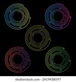 Circular frame spins, linear symbol rotates, circles frame loop, circle loading bar.