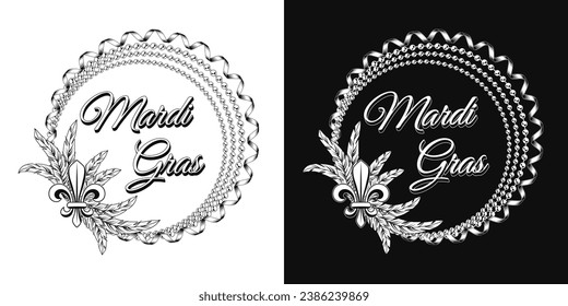 Circular frame with strings of beads, feather, fleur de lis sign, text. Vector illustration for Mardi Gras carnival. For prints, clothing, t shirt, holiday goods, stuff, surface design.