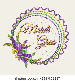 Circular frame with strings of beads, feather, fleur de lis sign, text. Vector illustration on white background for Mardi Gras carnival. For prints, clothing, t shirt, holiday goods, stuff design