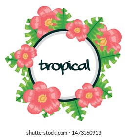 circular frame with tropical flowers and leafs