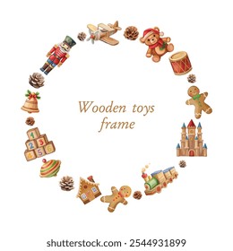 Circular frame of wooden toys including cubes, bells, train, plane, soldier, bear, castle, and gingerbread, perfect for kids' decor and playful designs.