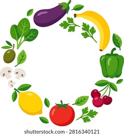 A circular frame or wreath composed of various fresh vegetables and fruits including eggplant, banana, bell pepper, cherry, tomato, lemon, and mushrooms.