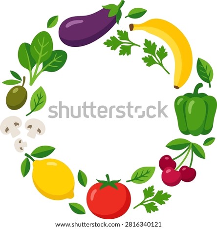 A circular frame or wreath composed of various fresh vegetables and fruits including eggplant, banana, bell pepper, cherry, tomato, lemon, and mushrooms.