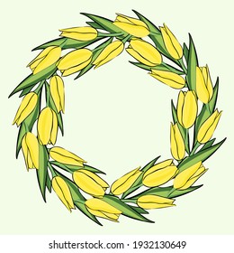Circular frame with yellow tulips. Circle with bright yellow flowers. Vector.Floral frame, round.
