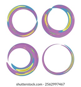 Circular frames with irregular edges creating a sense of movement and dynamism in color of rich purples, bright yellows, and blues. For digital art projects of incorporate modern, energetic projects.