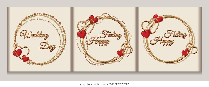 Circular frames with jewelry golden chains, red hearts, copy space, text. Holiday illustration for wedding, engagement event, Valentines Day, gift decoration.