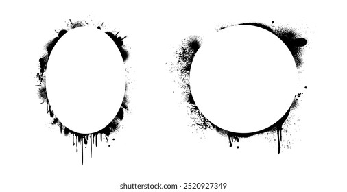 Circular frames set with rough texture, isolated spray splatter collection of framework. Vector abstract round and oval grungy borders. Paint ink halftone stain, noise effect paintbrush. Grunge splash