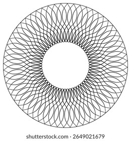 Circular frame-shaped element formed by intertwining, sinuous, thin black lines. Elegant and minimal abstract design with flowing movement and visual harmony