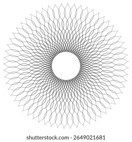 Circular frame-shaped element formed by intertwining, sinuous, thin black lines. Elegant and minimal abstract design with flowing movement and visual harmony