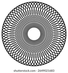 Circular frame-shaped element formed by intertwining, sinuous, thin black lines. Elegant and minimal abstract design with flowing movement and visual harmony