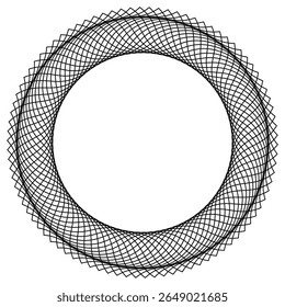 Circular frame-shaped element formed by intertwining, sinuous, thin black lines. Elegant and minimal abstract design with flowing movement and visual harmony
