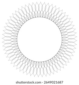 Circular frame-shaped element formed by intertwining, sinuous, thin black lines. Elegant and minimal abstract design with flowing movement and visual harmony
