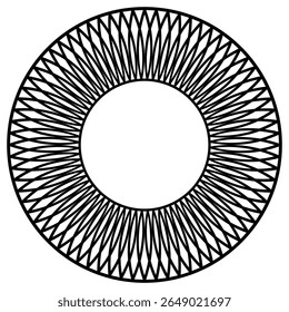 Circular frame-shaped element formed by intertwining, sinuous, thin black lines. Elegant and minimal abstract design with flowing movement and visual harmony